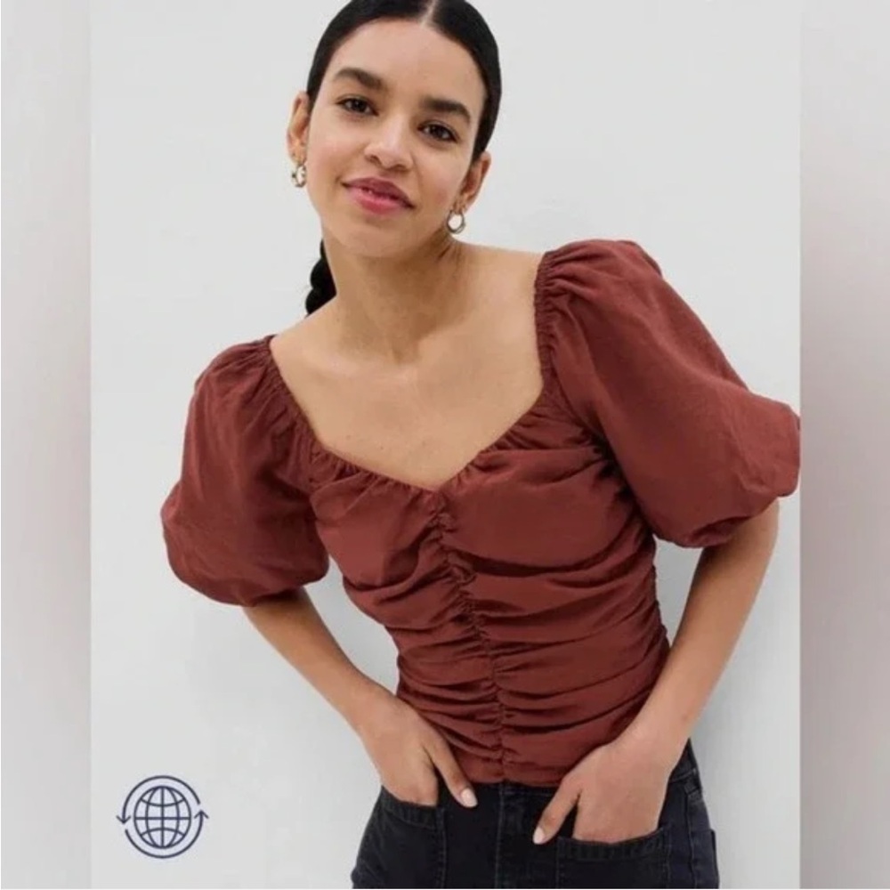 GAP Rust Ruched Puff Sleeve Blouse, NWOT - Picture 2 of 5